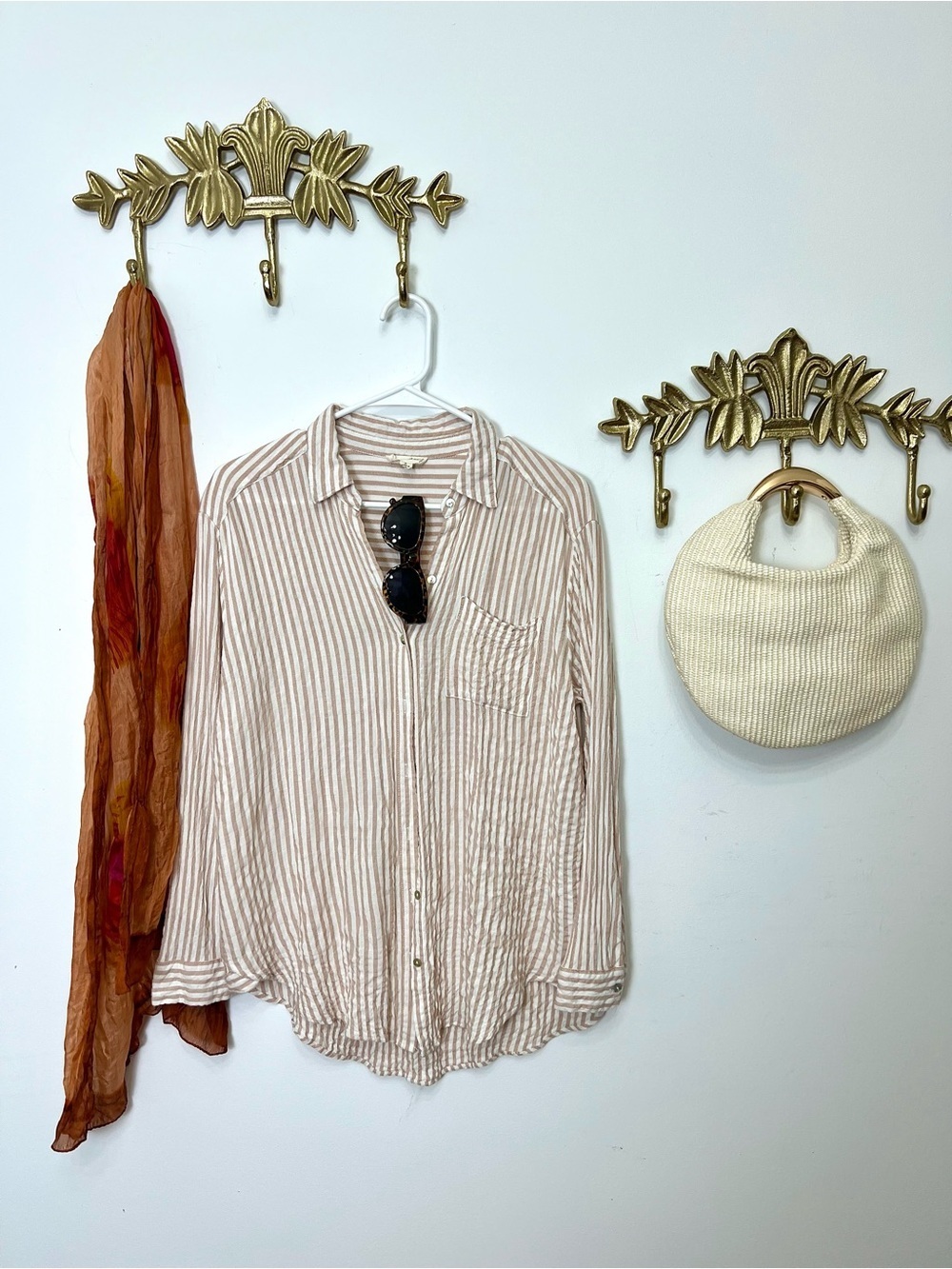 Fall  Light Beige Striped Button-Up Shirt